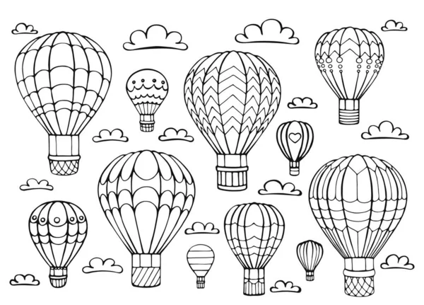 Μπαλόνι Θερμού Αέρα Και Σετ Νεφών Σχεδιάστηκε Στο Χέρι Εικονογράφηση — Διανυσματικό Αρχείο