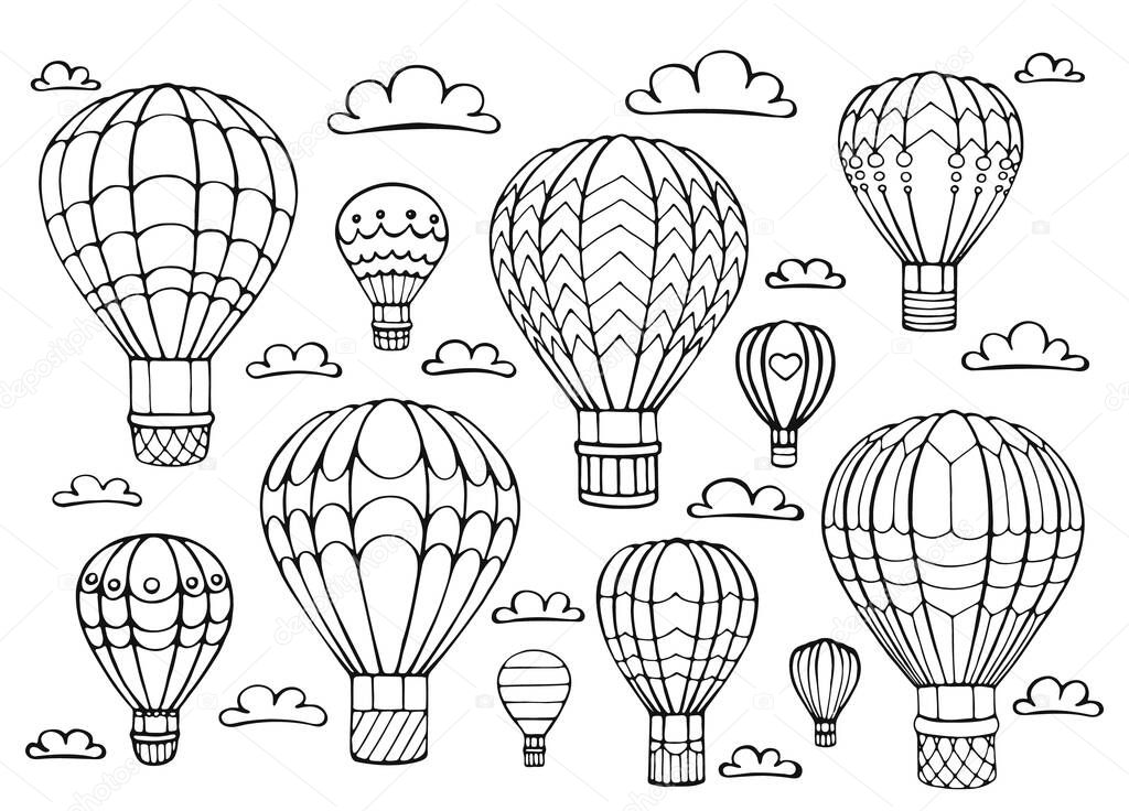 Hot air balloon and cloud set. Hand drawn outline doodle. Vector illustration.