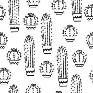 Tasarım ambalajı, tekstil, arkaplan, tasarım kartpostalları ve posterleri için kaktüs taşıyıcı çizimleri olan kusursuz desen