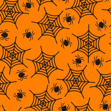 Örümcek ve ağ ile kusursuz desen. Cadılar Bayramı konsepti. Özgeçmiş, tekstil, baskı, kart, davetiye, duvar kağıdı, kumaş.