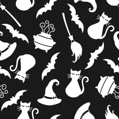 Cadılar bayramı öğeleriyle kusursuz desen. Cadılar Bayramı geçmişi. Tekstil, baskı, kart, davetiye, duvar kağıdı, kumaş