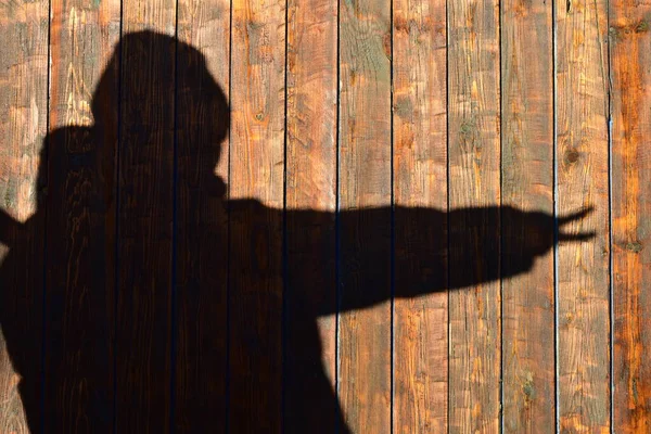 silhouette of a man on a wall of wooden planks