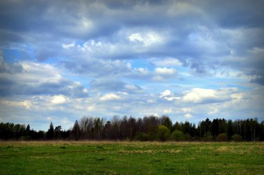 İlkbaharda tarlanın üzerinde bulutlar