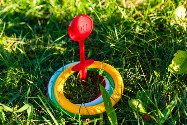 ring throwing game. summer games, outdoor games. number 100 on red pegs and 4 multi-colored rings on it.