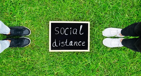 Two Person Stay Away Each Other Keeping Social Distance Grass — Stock Photo, Image