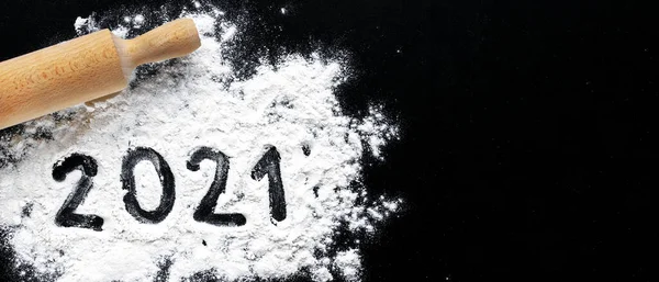 Przygotowanie Gotowania Domowego Ciasteczka Mąka Pieczenia Numer 2021 Czarnej Tablicy Obraz Stockowy