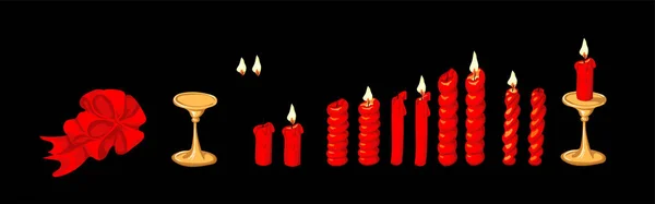 Conjunto Diferentes Formas Velas Cera Color Rojo Brillante Candelabro Lazo — Vector de stock