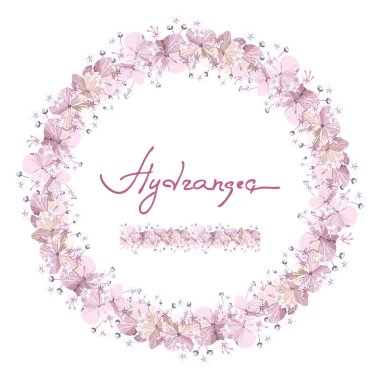 Çiçeksiz çalı ve yumuşak pembe ortanca çiçekli yuvarlak çelenk beyaz arka planda tomurcuklanıyor. İzole edilmiş dekoratif tasarım ögesi.