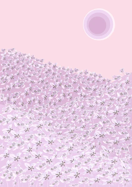Vektorová Růžová Šeříková Ilustrace Krásná Levandulová Louka Růžová Obloha Západ — Stockový vektor