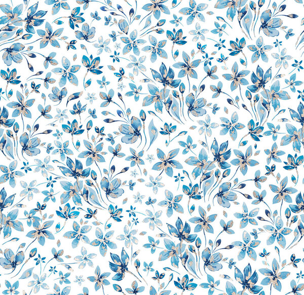 Softness watercolor seamless floral pattern. Hand drawn abstract blue flowers and leaves with Goldleaf on white background. Ornate template for design, textile, wallpaper.