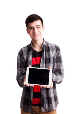 İzole tablet ekran tutan adam
