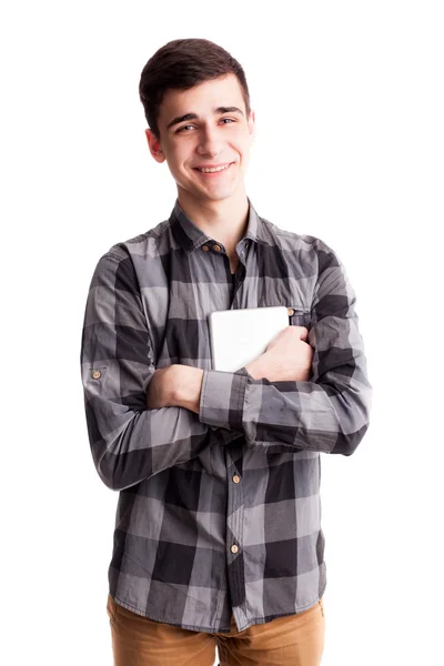 Lächelnder Mann mit Tablette isoliert — Stockfoto
