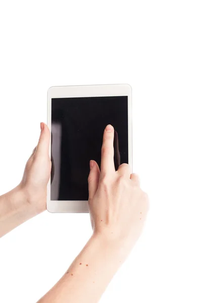 Mujer punto de mano en la pantalla de la tableta aislada — Foto de Stock