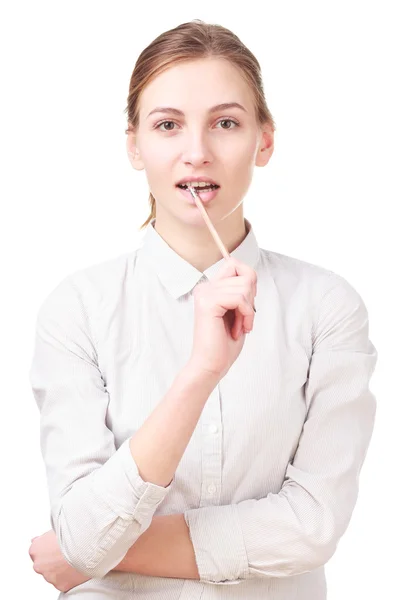 Kvinna med penna isolerad på vit — Stockfoto