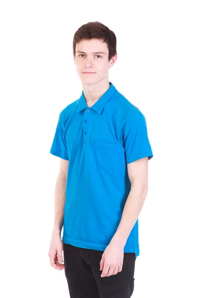 Giovane bell'uomo in t-shirt blu isolato su bianco — Foto Stock
