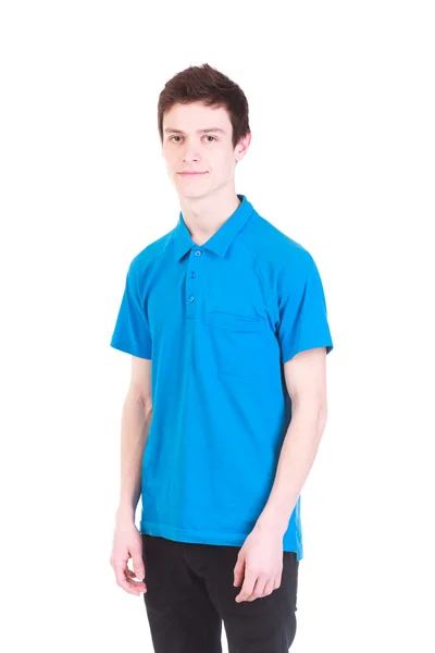 Young handsome man in blue t-shirt isolated on white — Stock Photo, Image