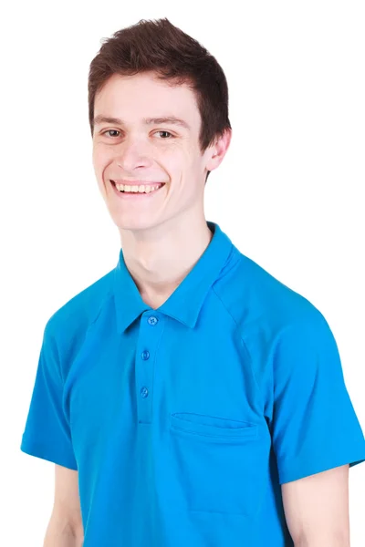 Junger gutaussehender lächelnder Mann in blauem T-Shirt isoliert auf weißem Grund — Stockfoto
