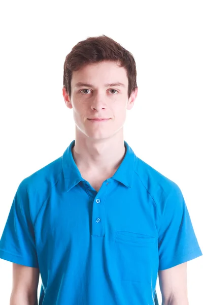 Jovem bonito homem em azul t-shirt isolado no branco — Fotografia de Stock