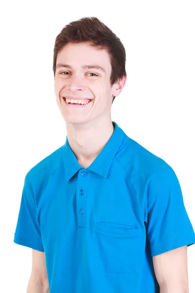 年轻英俊的男人微笑着在蓝色 t 恤，白色上孤立 — 图库照片