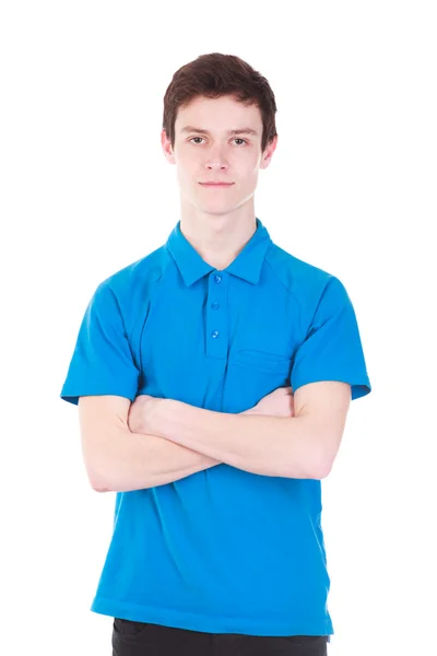 年轻英俊的男人，穿上白色孤立的蓝色 t 恤衫 — 图库照片