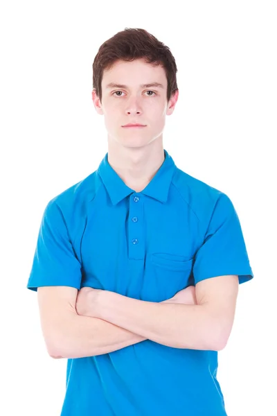 Jovem bonito homem em azul t-shirt isolado no branco — Fotografia de Stock