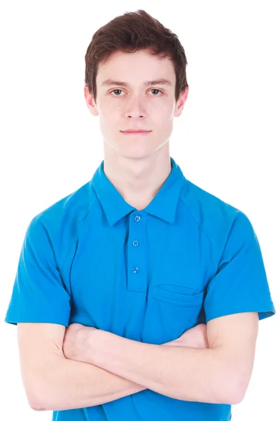 Jovem bonito homem em azul t-shirt isolado no branco — Fotografia de Stock