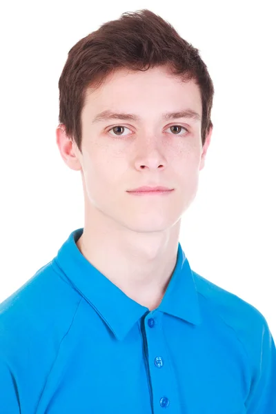 Young handsome man in blue t-shirt isolated on white — Stock Photo, Image