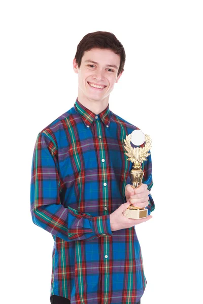 Young handsome man with trophy isolated on white — Stock Photo, Image