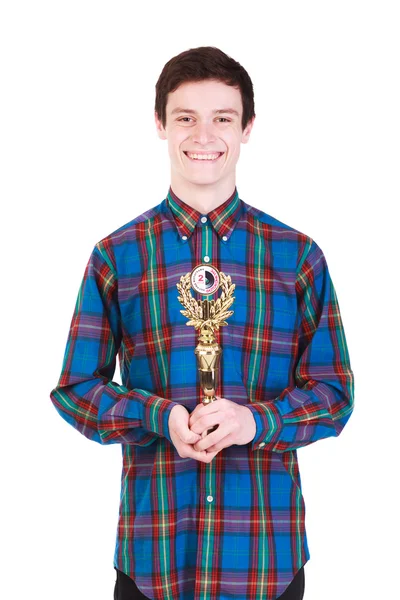 Jovem homem bonito com troféu isolado em branco — Fotografia de Stock