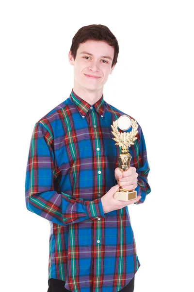 Jovem homem bonito com troféu isolado em branco — Fotografia de Stock