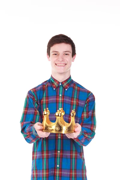 Young  man with crown isolated on white — Stock Photo, Image