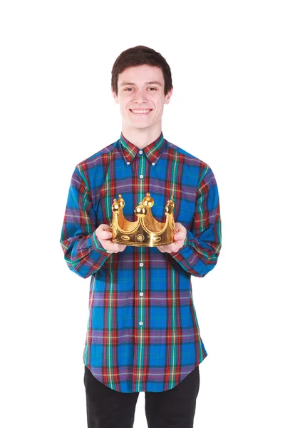 Young  man with crown isolated on white — Stock Photo, Image