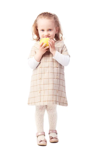 Linda niña comiendo manzana aislada en blanco —  Fotos de Stock