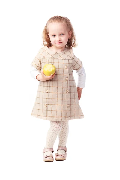 Linda niña comiendo manzana aislada en blanco —  Fotos de Stock