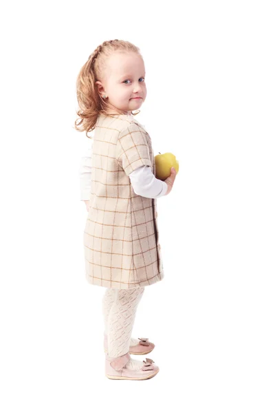 Pretty little girl eating apple isolated on white — Stock Photo, Image