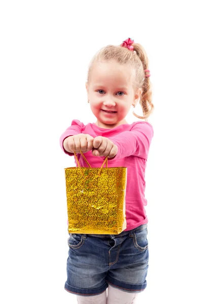 Little girl with shopping bag isolated on white — Stock Photo, Image