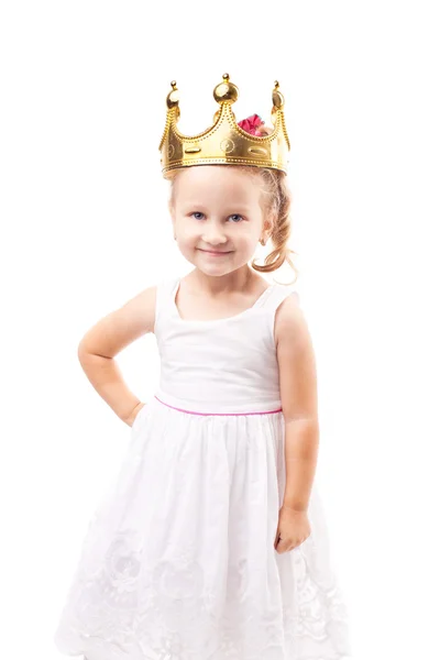 Linda niña con corona de oro aislado —  Fotos de Stock