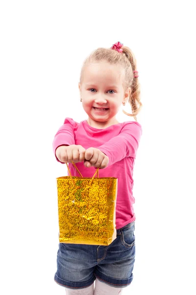 Little girl with shopping bag isolated on white — Stock Photo, Image