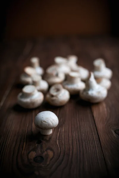 White mushrooms on wood table — Stock Photo, Image