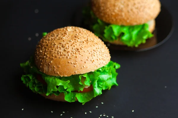 Hambúrguer caseiro com alface verde fresca, tomate e onio vermelho — Fotografia de Stock