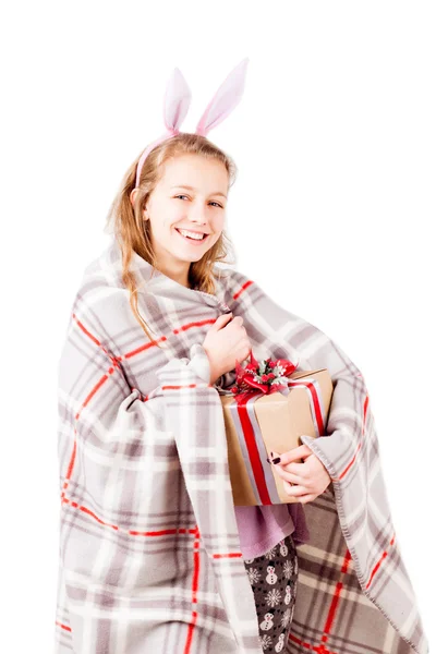 Girl with blanket hold holiday present isolated — Stock Photo, Image