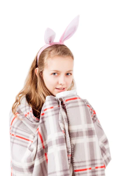 Young girl covered with blanket drink tea isolated — Stock Photo, Image