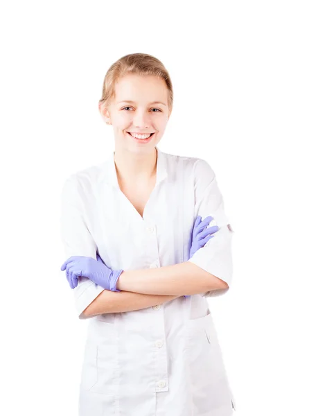 Young doctor with crossed hands isolated — Stock Photo, Image