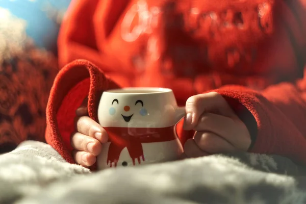 Girl Red Christmas Pajamas Cup Shaped Snowman Teenager Sofa Coffee — Stock Photo, Image