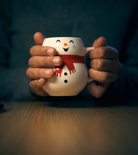 Hands Christmas Mug Shaped Snowman Red Scarf Teenager Coffee Coffee — Stock Photo, Image