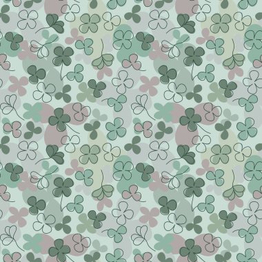 St. Patrick günü elementleriyle el çizimi kusursuz desen. Vektör çizim yoncası. Kumaş kağıdı ve tekstil için arkaplan yaprakları.