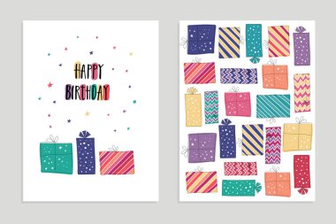 Karalama ve el çizimi tarzında çok renkli kart ve davetiye koleksiyonu. Hediye kutusu, üzerinde 