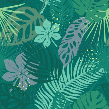 El çizimi grunge desenli tropikal yapraklar pürüzsüz desen. Arka planda tropik yaprak silueti elementleri. Fan palmiyesi, canavar, grunge retro tarzı muz yaprağı. Vektör illüstrasyonu