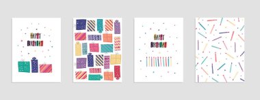 Kart ve davetiye koleksiyonu, karalama ve serbest çizim tarzıyla çok renkli. Hediye kutusu, mumlar ve üzerinde 