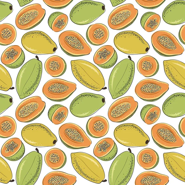 Patrón Sin Costura Papaya Entera Mitad Papaya Fondo Dibujos Animados — Vector de stock